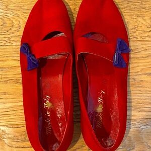 Sassy scarlet suede flats with purple side bow - bought in Italy size 7